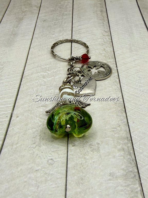 Handmade Angel Keyring - Lampwork Glass Heart Bag Charm - Guardian Angel Gift.