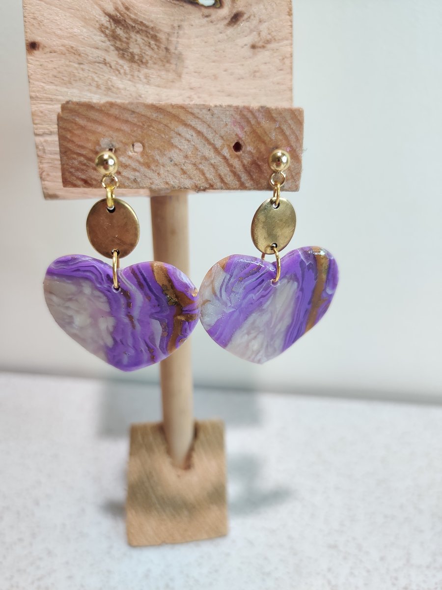 Geode slice swirl heart dangle polymer clay earrings