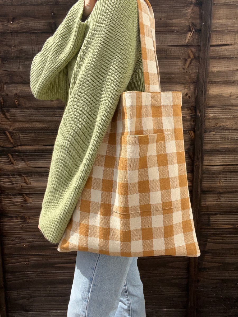 Yellow Gingham Cotton Tote Bag