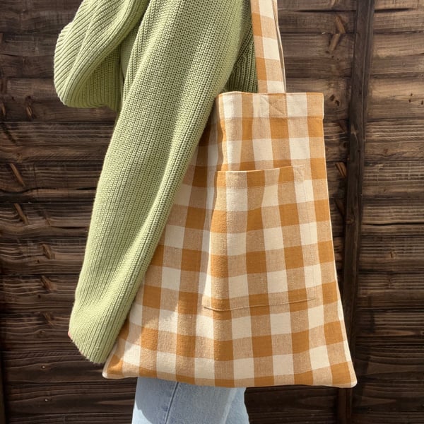 Yellow Gingham Cotton Tote Bag