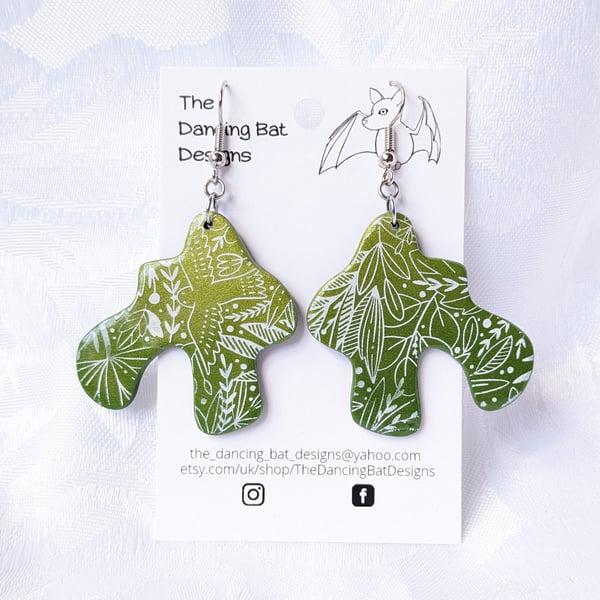 Large Dangly Squiggle Arch Earrings, Green with White Leaf Print, Polymer Clay