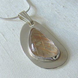 Sterling Silver Freeform Pendant with Rutilated Quartz Gemstone,