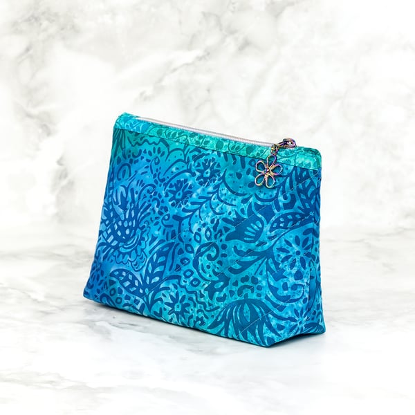 Blue Turquoise Green Batik Makeup Bag, Washbag, Travel Essentials