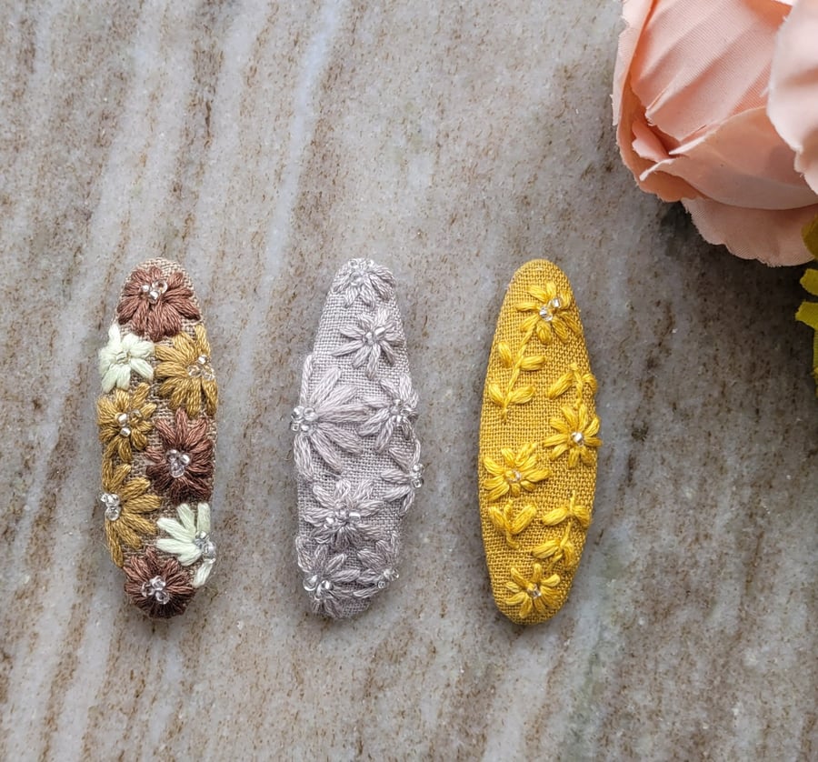 Hand embroidered snap hair clips, mustard, brown, grey,beeded for teenage girl