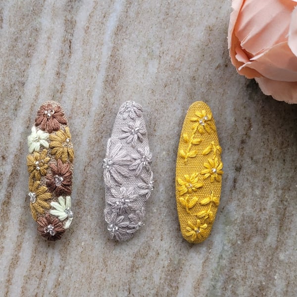 Hand embroidered snap hair clips, mustard, brown, grey,beeded for teenage girl