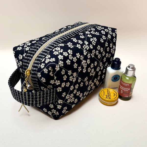 Quilted Indigo Japanese Fabric Cosmetic Bag Wash Bag Medium Size
