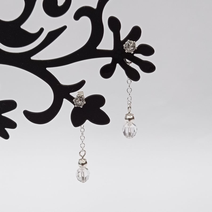 Clear crystal & silver bead drop earrings, crystal bead chain drop earrings