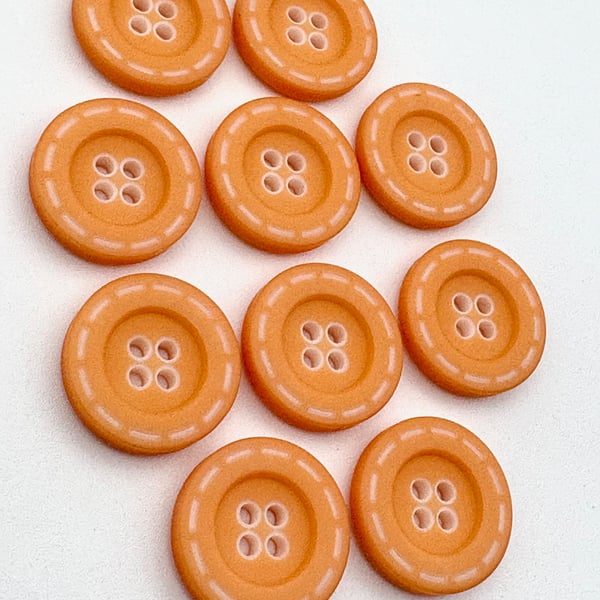 10 Stitched Edge Buttons, Orange Colour, 18mm Wide, Chunky Rim