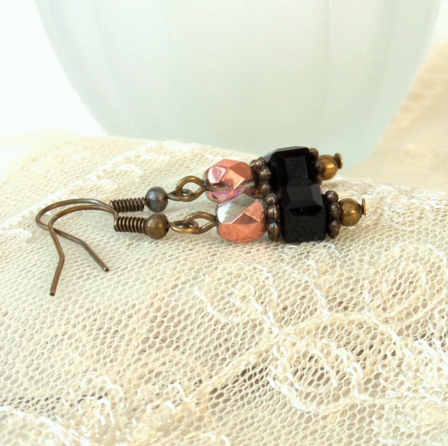 Earrings, Black and copper crystal earrings
