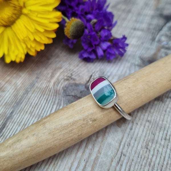 Sterling Silver Colourful Surfite Rectangle Ring  - UK Size N