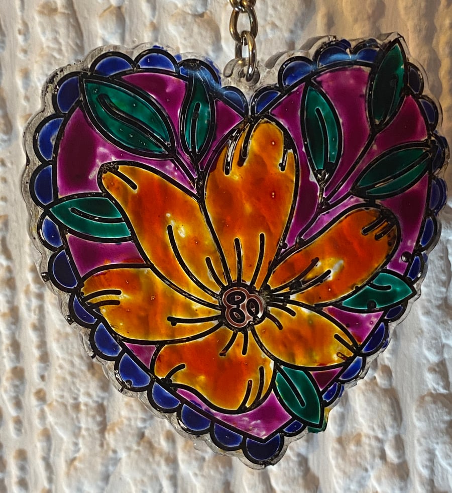 Handmade Faux Stained Glass Window Heart-Shaped Floral Resin Keyring