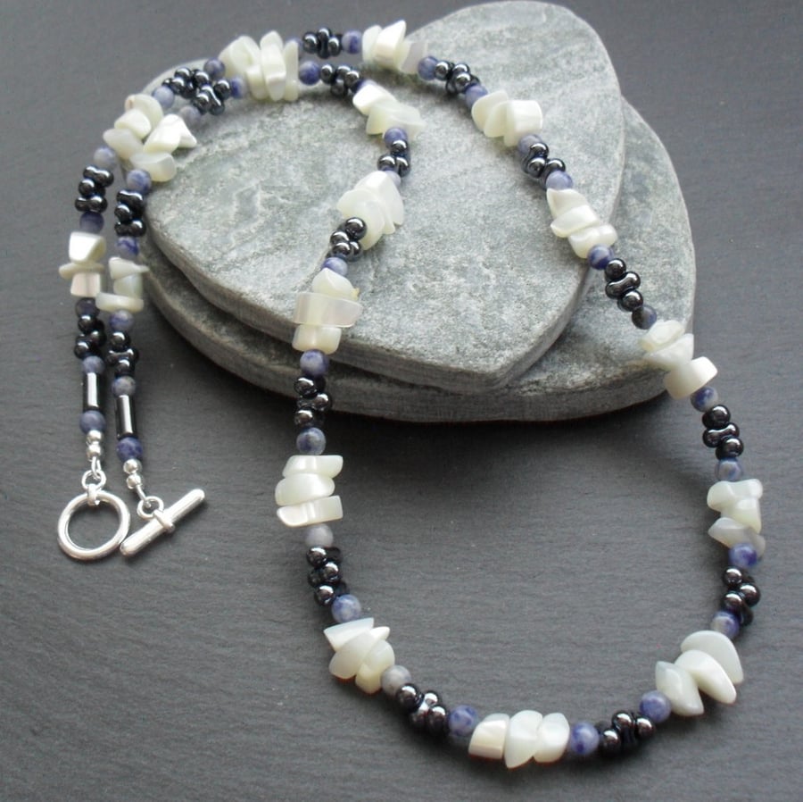 Mother of Pearl Sodalite and Glass Bead  silver plated Necklace