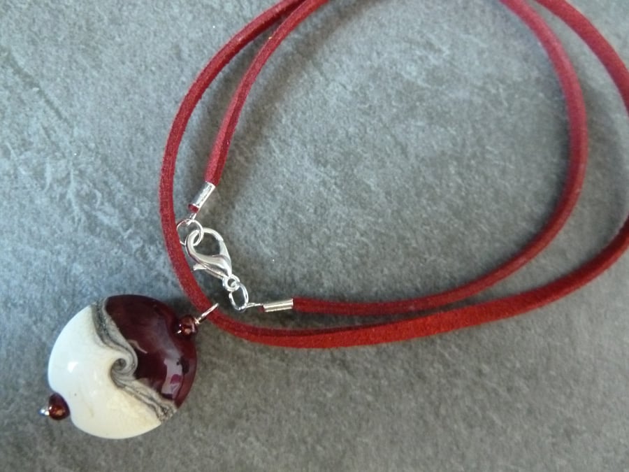 dark red faux suede necklace, lampwork glass pendant