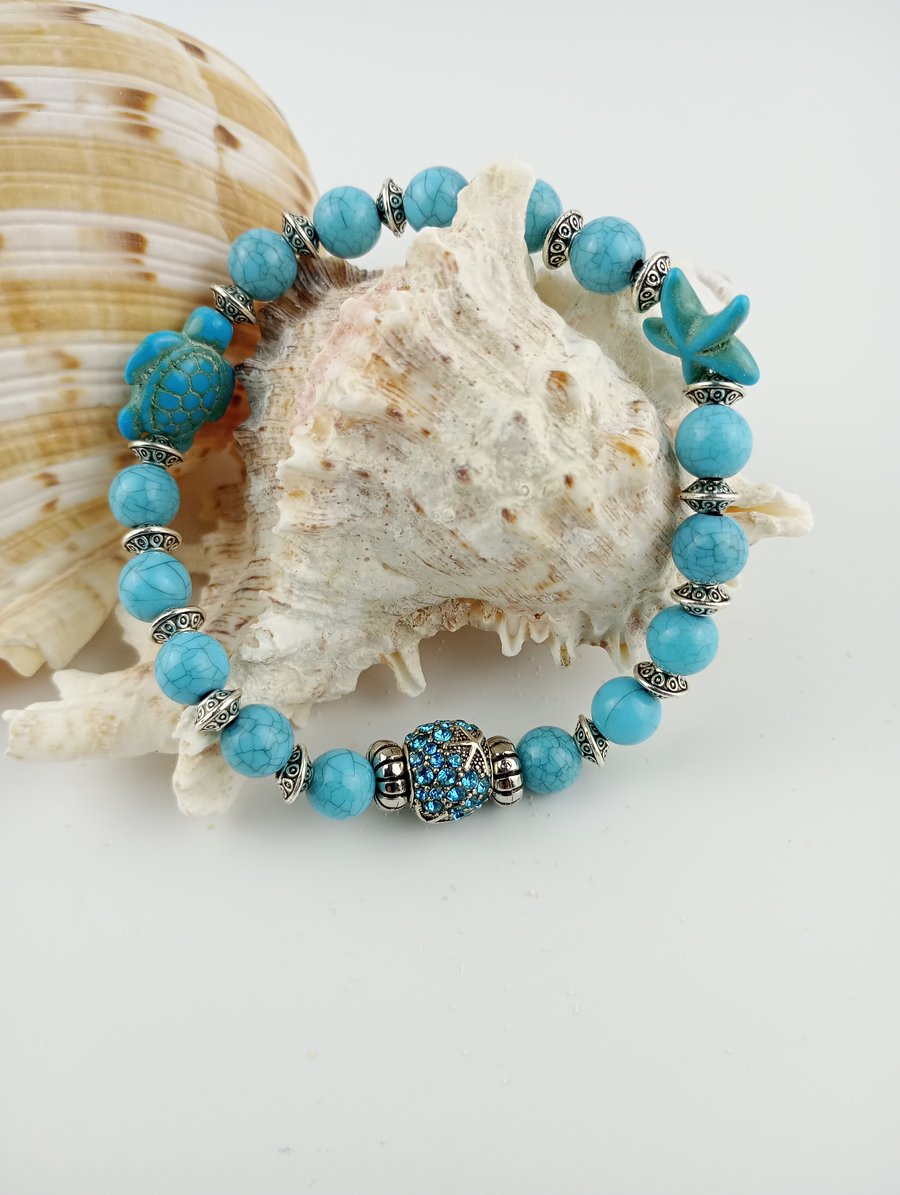 Turquoise Sea life Bracelet - Sea Turtle & Starfish Beads With Sea Charm 