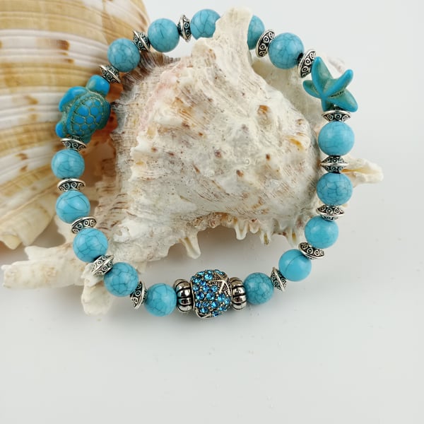 Turquoise Sea life Bracelet - Sea Turtle & Starfish Beads With Sea Charm 