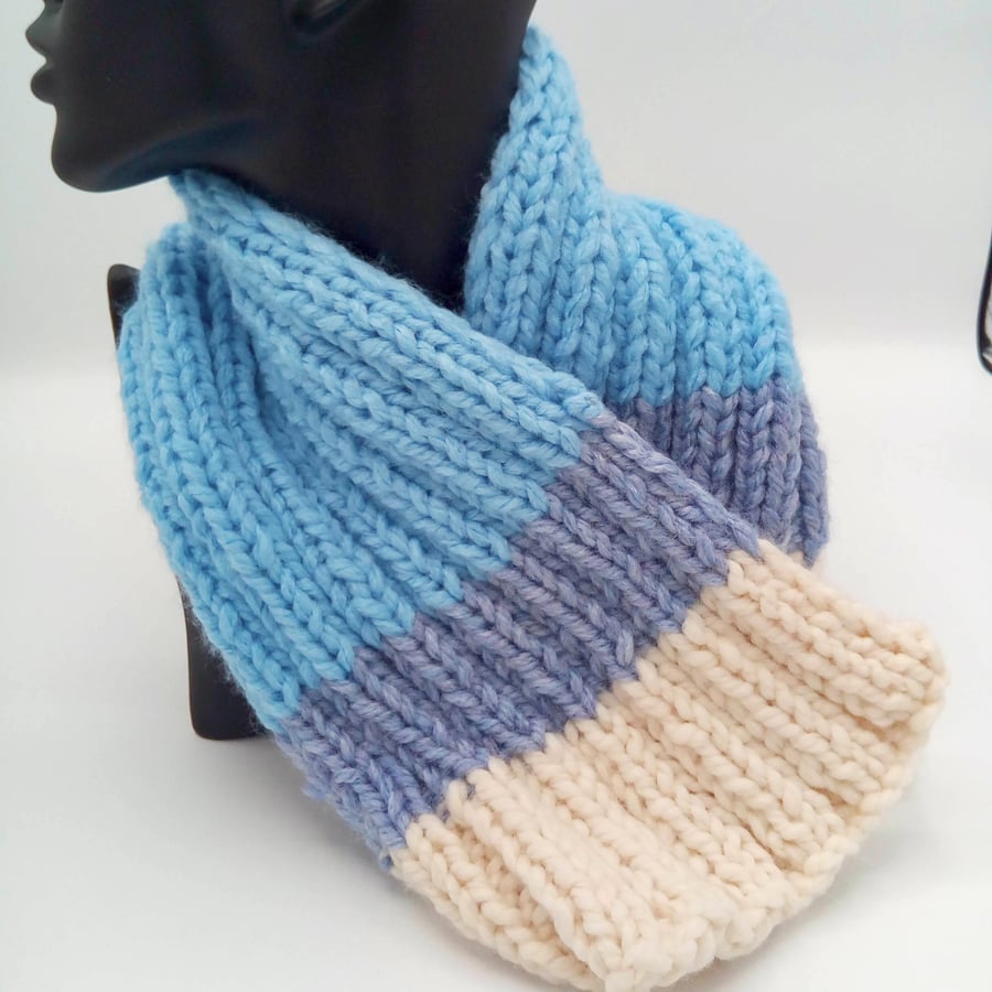 Child's Super Chunky Blue and Cream Rib Scarf, Children's Hand Knitted Scarf