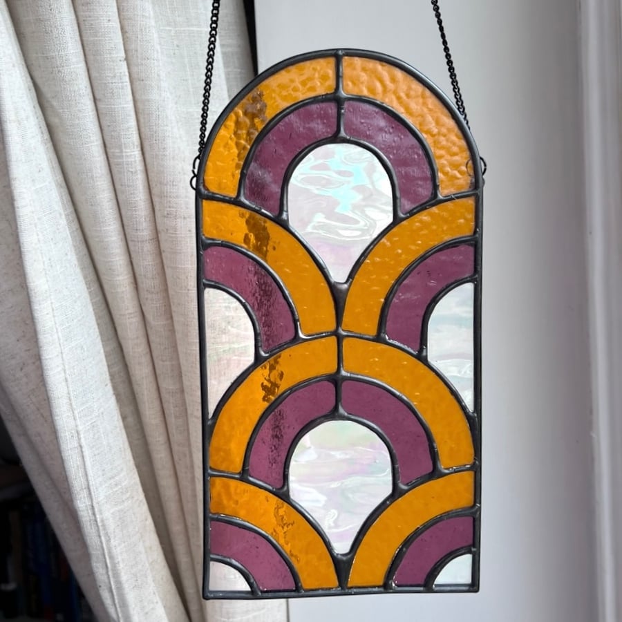 Stained Glass Orange and Purple Art Deco Inspired Sun Catcher