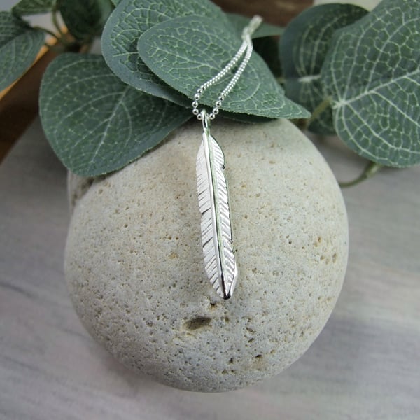 Feather Necklace. Recycled Sterling Silver Keepsake Pendant