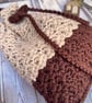 Two Tone Crochet Drawstring Pouch With Handle, Brown & Beige Small Bag - Image 7