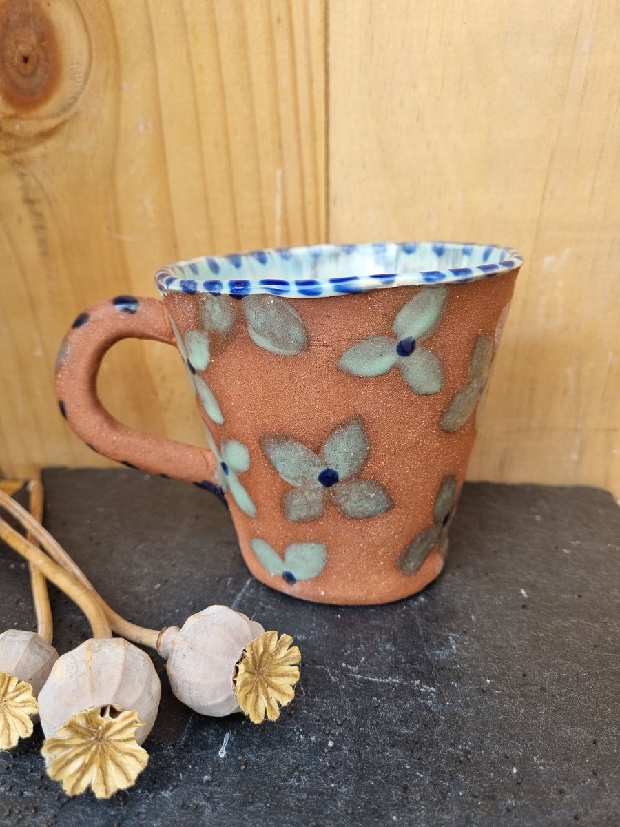 Handmade Pottery Mug, One-off, Floral Design 