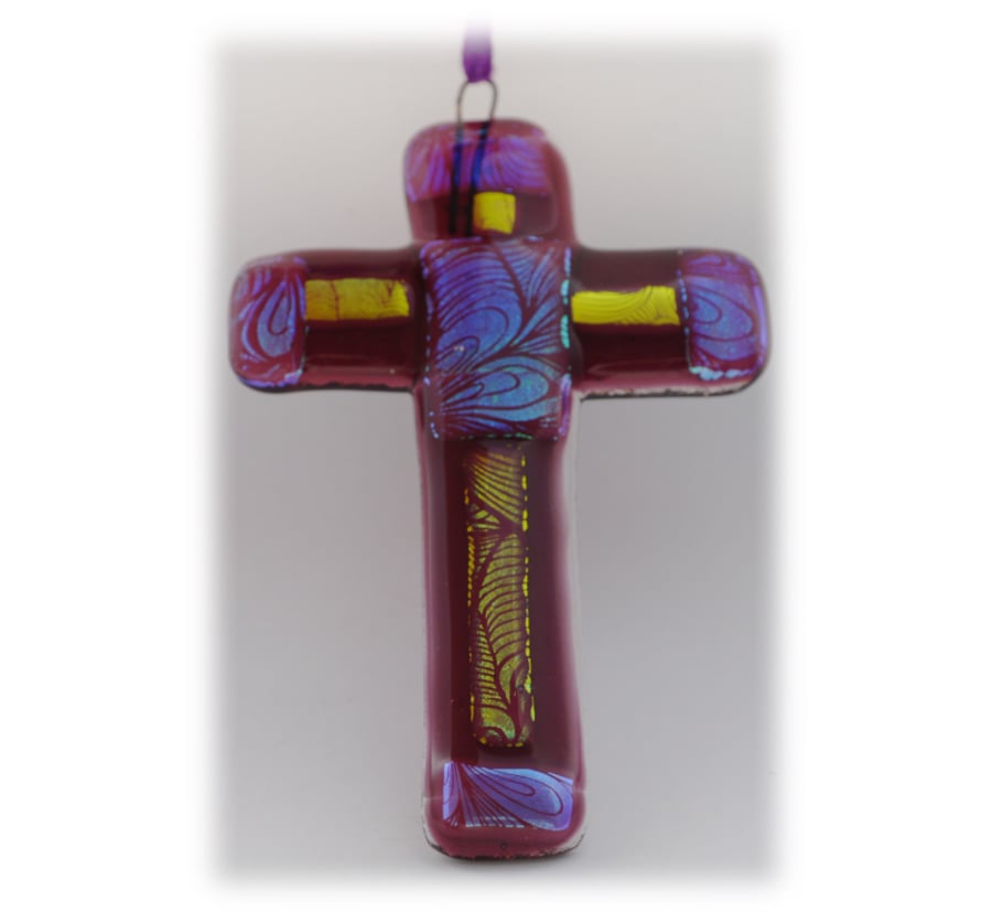 Purple Fused Glass Cross  Dichroic Suncatcher 007 10cm 