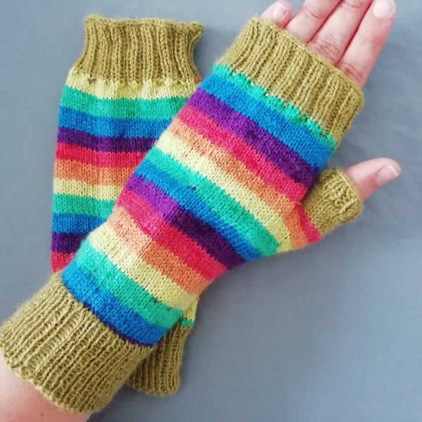 Fingerless Gloves - Hand knitted - Rainbow stripes 