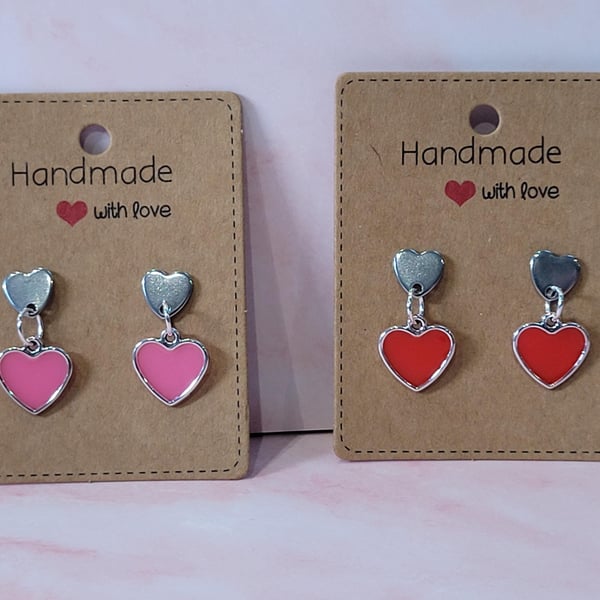 Small Pink or Red Heart Shaped Earrings