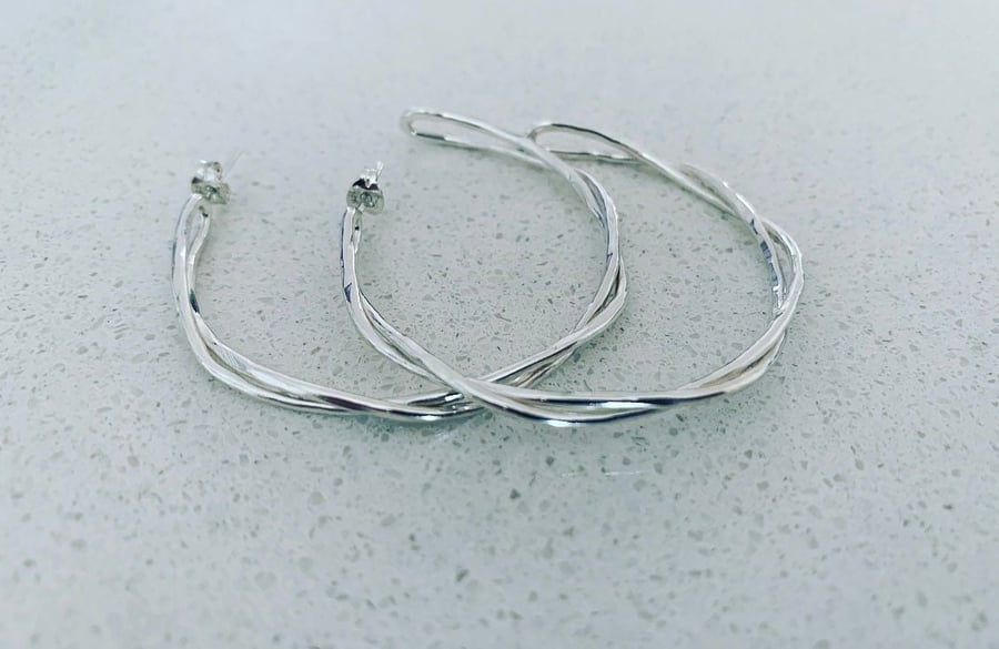 Twisted Hoop Earrings Large - Solid Sterling Silver Wavy - Plait Hoops