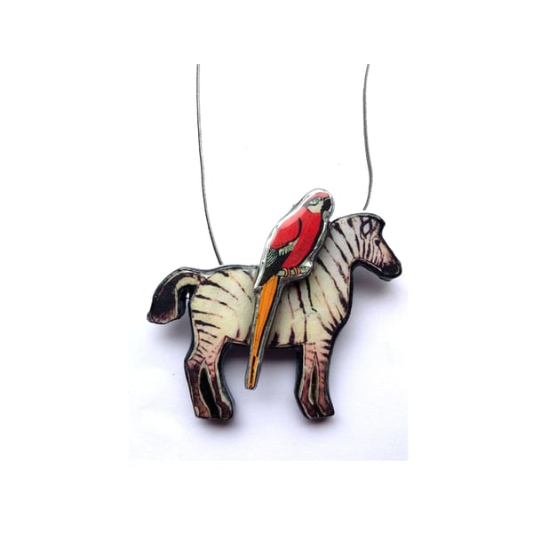 Quirky Whimsical Zebra & Parrot Necklace by EllyMental