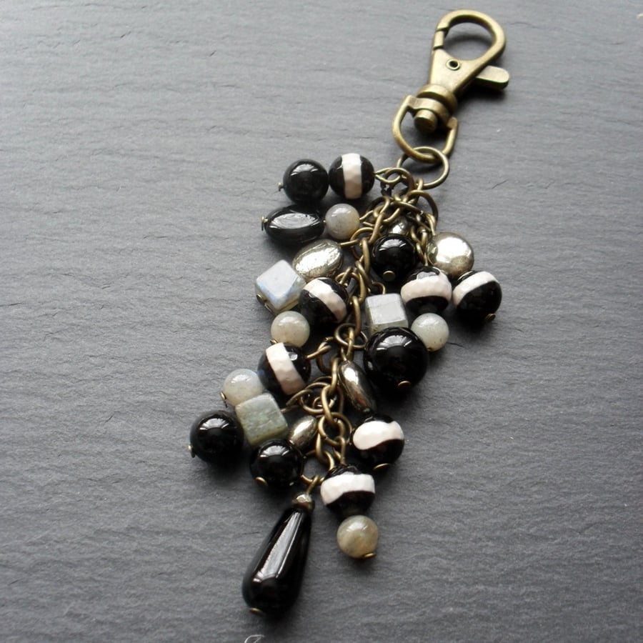 Labradorite, Pyrite, and Onyx Bag Charm