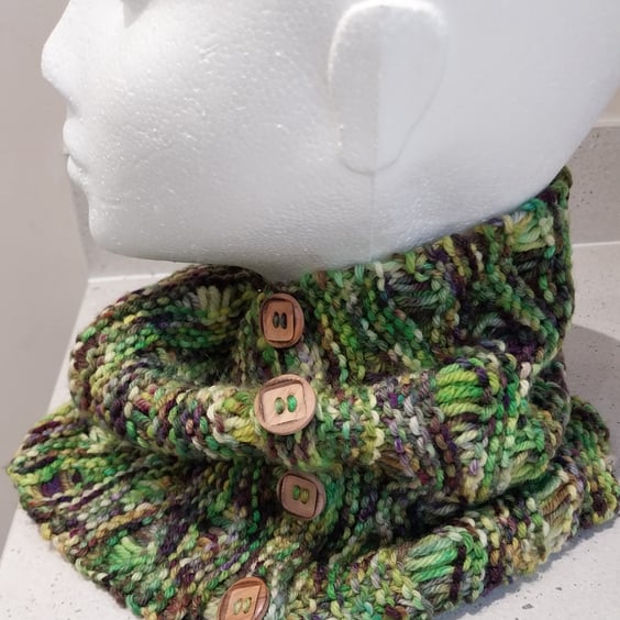 Handknit hand dyed Merino Buttoned Circular Cowl in Greens and Purples