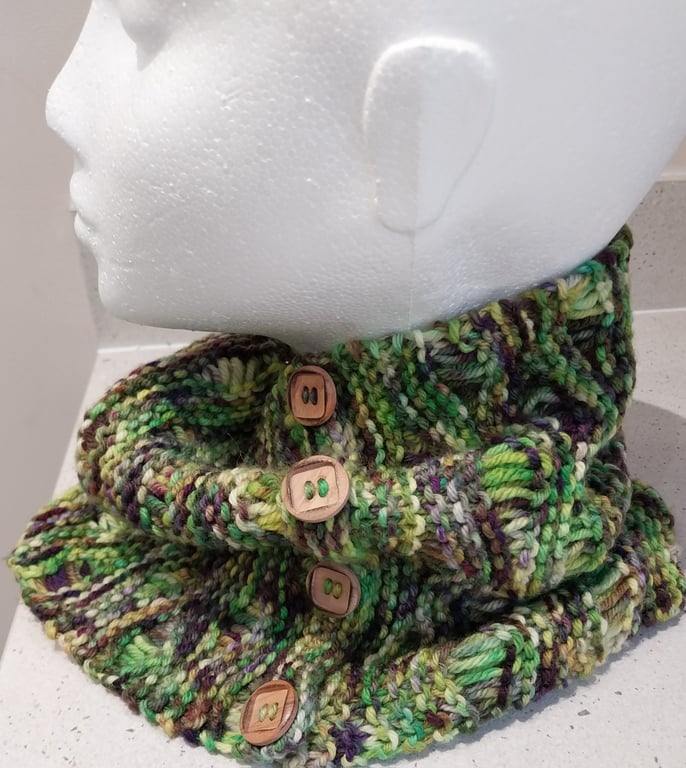 Handknit hand dyed Merino Buttoned Circular Cowl in Greens and Purples