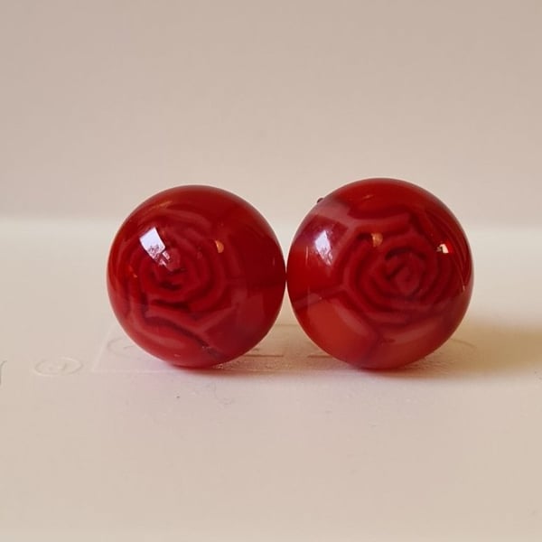 Red fused glass stud earrings