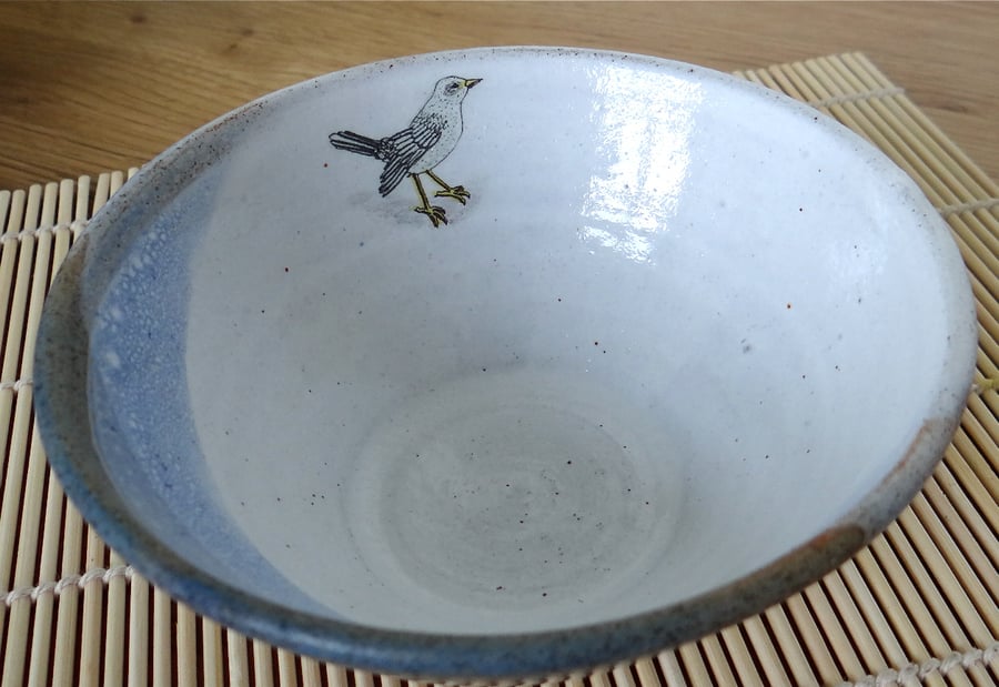 Rustic ceramic bowl with starling image - handmade pottery