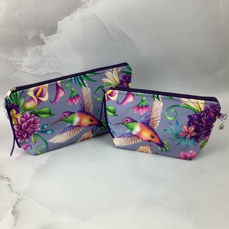 Hummingbirds zip bag, Birds makeup bag, 2 options, Handmade
