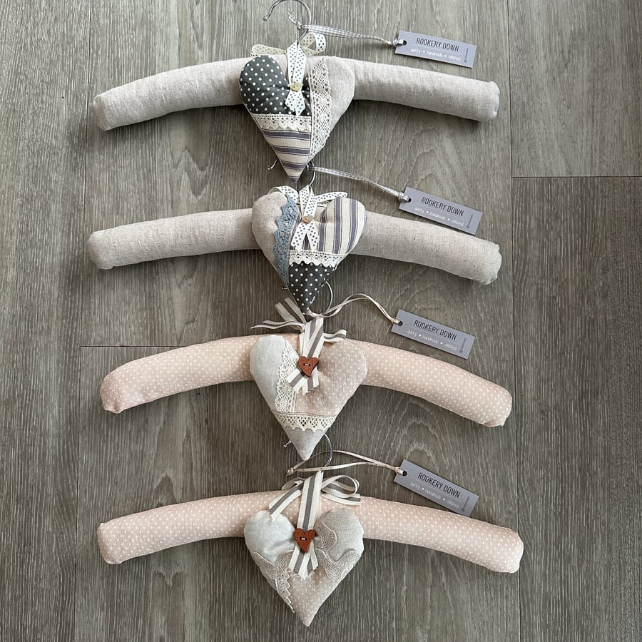 Padded Hanger And Lavender-Filled Heart Set; handmade in natural fibre fabrics