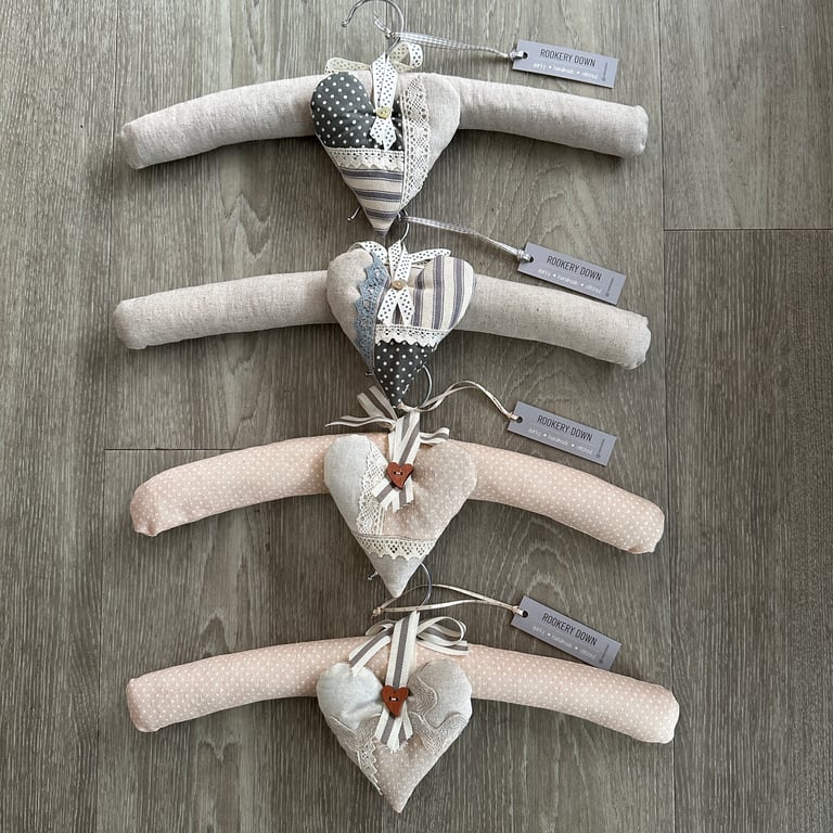 Padded Hanger And Lavender-Filled Heart Set; handmade in natural fibre fabrics