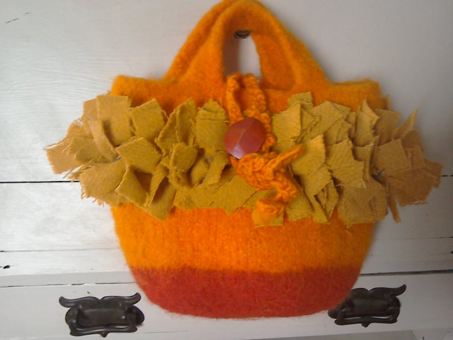 Orange felted wool and Harris tweed handbag