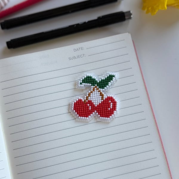Handmade Cherry Cross Stitch Sticker - Sensory Fidget Patch - Anxiety ADHD