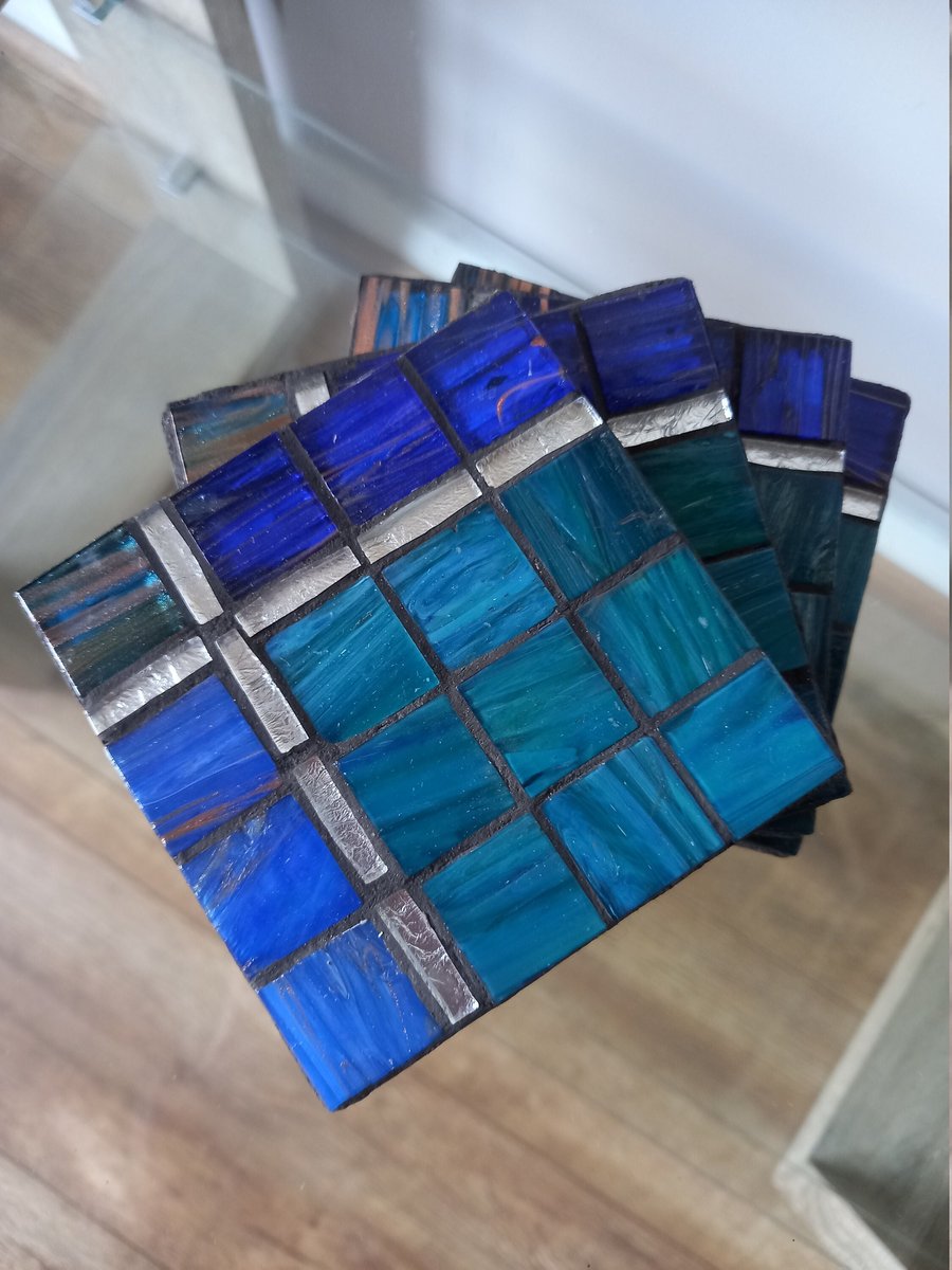 Blue Turquoise Mosaic Tile Coaster Set
