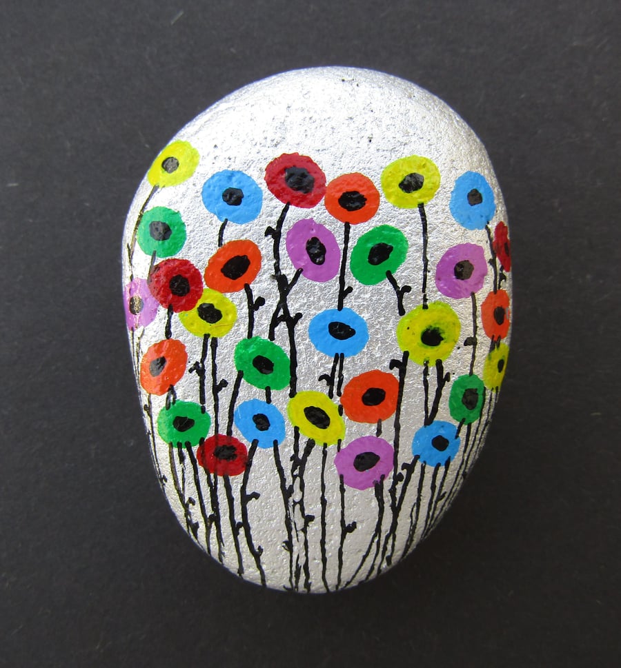 Flowers Painted Stone, Birthday Gift, Pebble Art Painting, Multicoloured Poppies