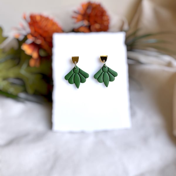 Forest Green Autumn Fluted Art Deco Earrings