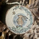 Painting: Hand painted Rabbit Hare hanging log slice decoration