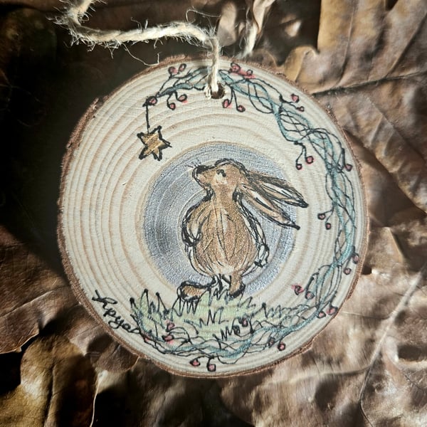 Painting: Hand painted Rabbit Hare hanging log slice decoration