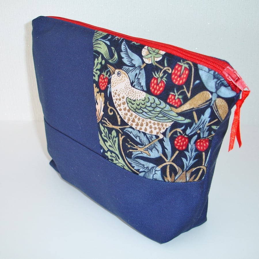 Strawberry Thief Cosmetics Bag Travel Purse William Morris Bird Blue