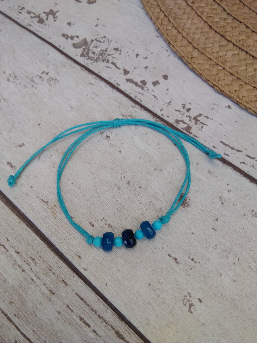 Anklet Blue Cord with Agate Beads