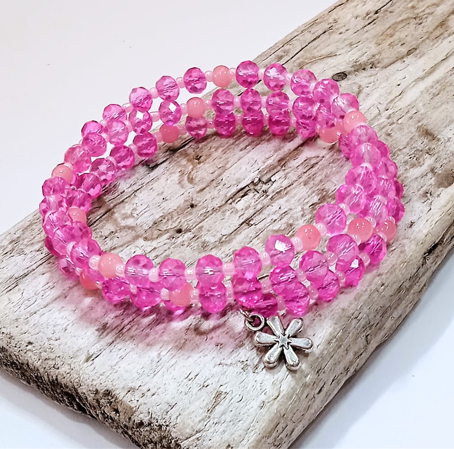 Pink Crystal Bead Wrap Bracelet - UK Free Post