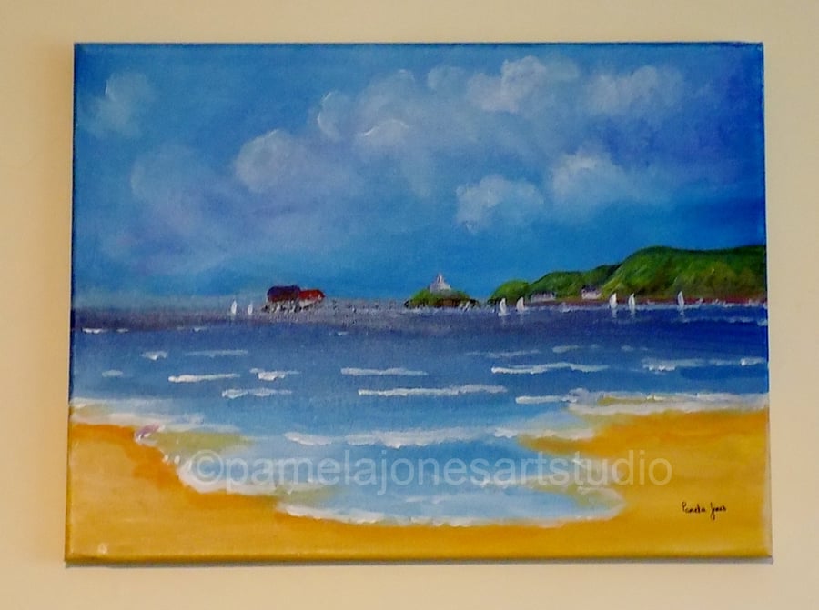 Mumbles, Swansea Bay, Wales, Acrylic Painting on 16 x 12 '' Stretched Canvas