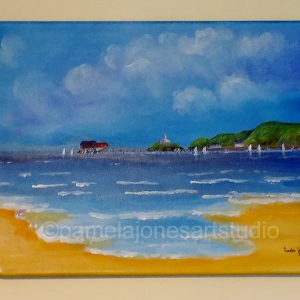 Mumbles, Swansea Bay, Wales, Acrylic Painting on 16 x 12 '' Stretched Canvas