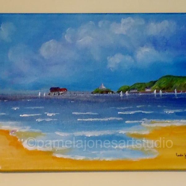 Mumbles, Swansea Bay, Wales, Acrylic Painting on 16 x 12 '' Stretched Canvas